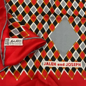 Jaleh Joseph Japanese Mode Makers hand rolled scarf pocket square vintage 60s 70s made in Japan 100% silk 27x26 red silver diamond pattern