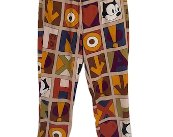 80s 90s JC de Castelbajac Felix the Cat Cartoon Cotton Denim Pants High Rise Editorial Made in Italy 42 All Over Print Comic Pop Art 27"