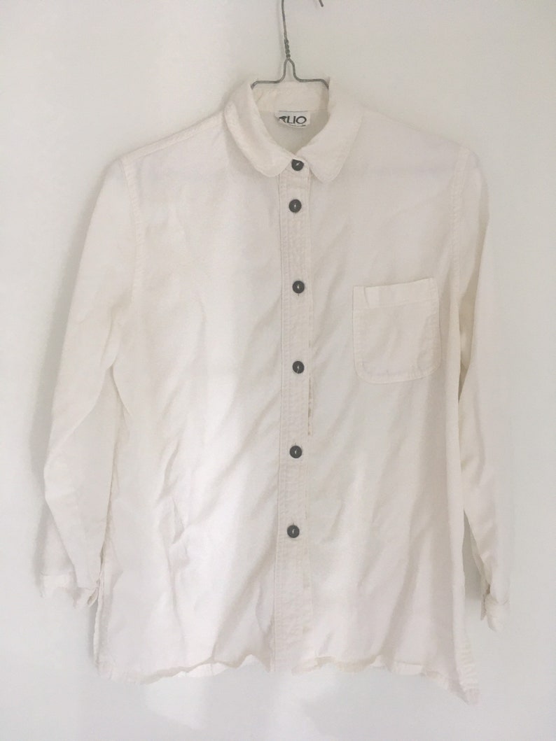 Vintage 1990s solid bone white button front ladies blouse Clio 1980s rayon Tencel long sleeve small made in USA classic basic shirt medium S