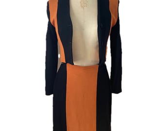 Vintage Nicole Miller 2 piece suit Skirt blazer jacket colorblock rust black designer sexy chic 80s 90s 1990s 1980s 6 27 28 4 miniskirt coat