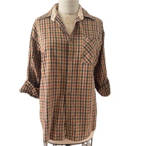 Italian designer Giovanni Valentino plaid button up mens oxford shirt unisex tan rust brown long sleeve 100% cotton Made in Italy Large