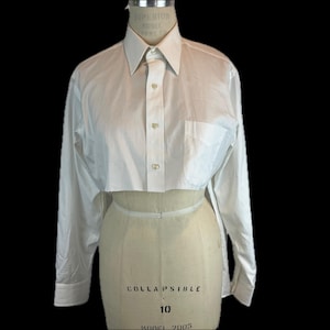 Può includere: Una camicia bianca a maniche lunghe con colletto classico e taschino sul petto. La camicia è stata modificata in uno stile corto, con l'orlo inferiore tagliato. La camicia è esposta su un manichino.