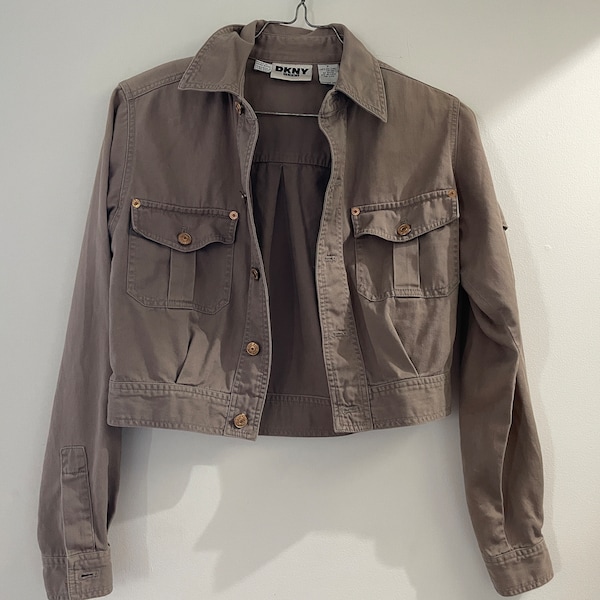 Vintage 90s DKNY cropped tan jacket lightweight summer coat canvas khaki denim bomber made in Hong Kong 100% cotton brown top Donna Karen