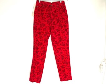 Deadstock Vintage Sunset Blues Chic Jeans 80s 90s Printed Red Corduroy Rose Floral Pattern Ultra High Rise Slim cropped ankle 27.5 28 28.5 6