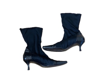 Dolce And Gabbana slip on sock boots booties Dress Shoes stiletto kitten heel Black Leather Made In Italy 37.5 designer square toe stretch 7