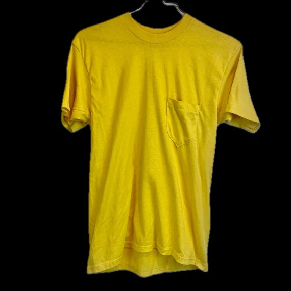 80s deadstock paper thin yellow pocket tee fitted crew neck t shirt medium large cotton classic blank solid short sleeve made in USA bright