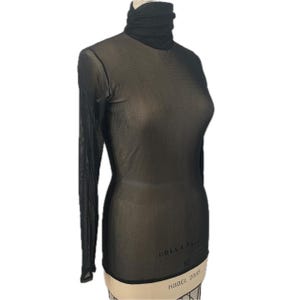 Vintage long sleeve black turtleneck sheer mesh top shirt blouse see thru stretch knit iconic made in France 90s french ruched 1990s medium image 2