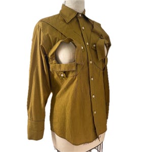 Sanchez Kane Unisex Designer Button Up Editorial Shirt Iconic Cut Out Blouse Runway Mexican Gucci Collaborator Gold Mustar Yellow Cotton