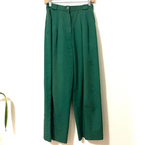 Forest Green Evan Piccone Designer Gabardine pleated front pants trousers straight leg cotton ultra high rise waist 29 28 lined 70s 80s 90s
