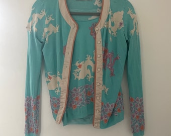 Blumarine stretchy cardigan and matching t shirt set jersey rayon silk trim Asian dragon flower design aqua button up long sleeve jacket 40