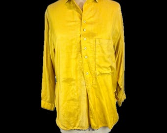 Esprit blouse met lange mouwen en knoopsluiting uit de jaren 90, geelgouden kraag, avant-garde, versleten Oxford-kraag, casual overhemd met oversized zak, gabardine M