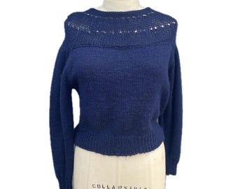 Hand knit navy blue wool sweater button back high neck keyhole long sleeve knit by hand from an antique vintage pattern cottagecore minimal