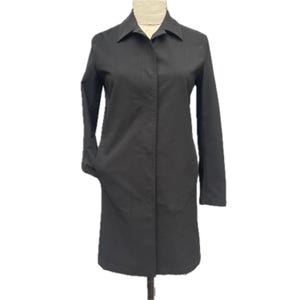 Prada Italian black sleek hip length long coat snap front jacket structured slim fit made in italy collar long sleeve poly trenchcoat 40