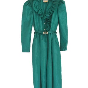Jack Bryan Art Deco High neck Ruffle Ruff Collar leg of mutton long sleeve puff shoulder Persian green vintage dress fitted waist a line 3