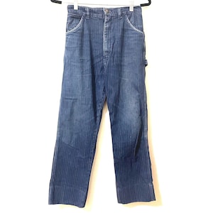 Vaqueros de carpintero DeeCee de los años 80, tiro alto, mezclilla azul oscuro, rayas rojas, cintura alta, pierna recta, corte acampanado, ropa de trabajo, 100 % algodón, fabricado en EE. UU., 27 pulgadas