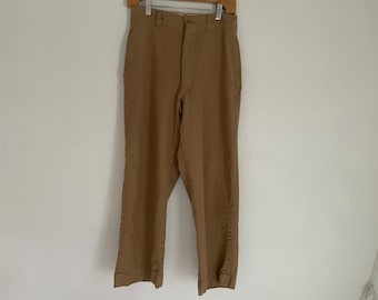1950s Military Pants tan brown trousers slacks army ultra high rise waist 100% cotton wide straight leg military work wear cropped 28 x 26