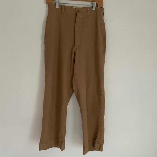 1950s Military Pants tan brown trousers slacks army ultra high rise waist 100% cotton wide straight leg military work wear cropped 28 x 26