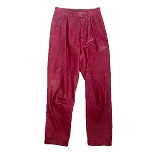 L. Alvear ultra soft red high rise waisted pleated leather pants front zip lined made in Spain lambskin straight leg 28" x 27" vintage 10
