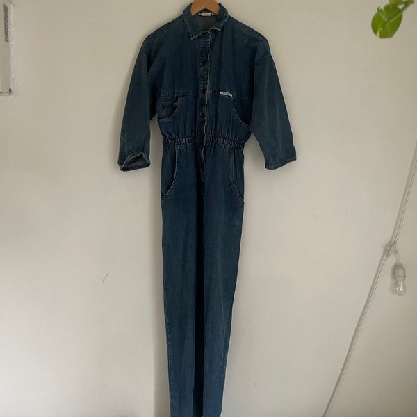 Vintage Ideas 80s lightweight denim Jumpsuit 100% cotton one piece romper blue jeans onesie snap up suit coveralls blue 3/4 sleeve small