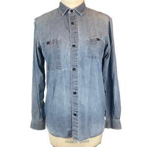 Sashiko selvedge button up shirt 100% cotton chambray collar long sleeve blouse classic fit top small medium blue denim jeans workwear