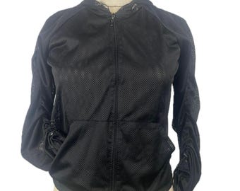 90s vintage black mesh hoodie cropped zip front hooded jacket shirt cinch long sleeve sports jersey club kid raver y2k industrial fishnet S