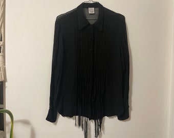 Moschino long sleeve 100% rayon silky black sheer button up blouse tuxedo ruffles see through made in Italy top iconic Italian designer Med