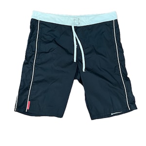 May include: Black swim shorts featuring a light blue waistband with a white drawstring closure. The shorts include thin white piping along the side seams and a small red rectangular tag detail on the lower left leg area of the garment.