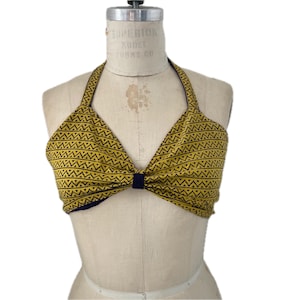 Vintage Halter top reversible ruched midnight purple golden yellow & black geometric block print tie back bralette bikini top summer bra vtg