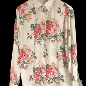 80s 90s Ann Taylor 100% Silk cabbage rose printed long sleeve blouse button up shirt iconic print 1990s 1980s french cuff made in Hong Kong
