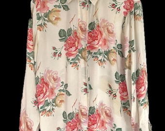 80s 90s Ann Taylor 100% Silk cabbage rose printed long sleeve blouse button up shirt iconic print 1990s 1980s french cuff made in Hong Kong
