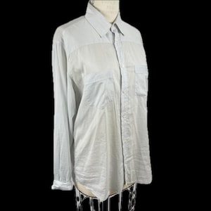 Ann Demeulemeester pinstripe blue cotton silk long sleeve mens dress shirt button down oxford collar blouse large unisex French seams pocket