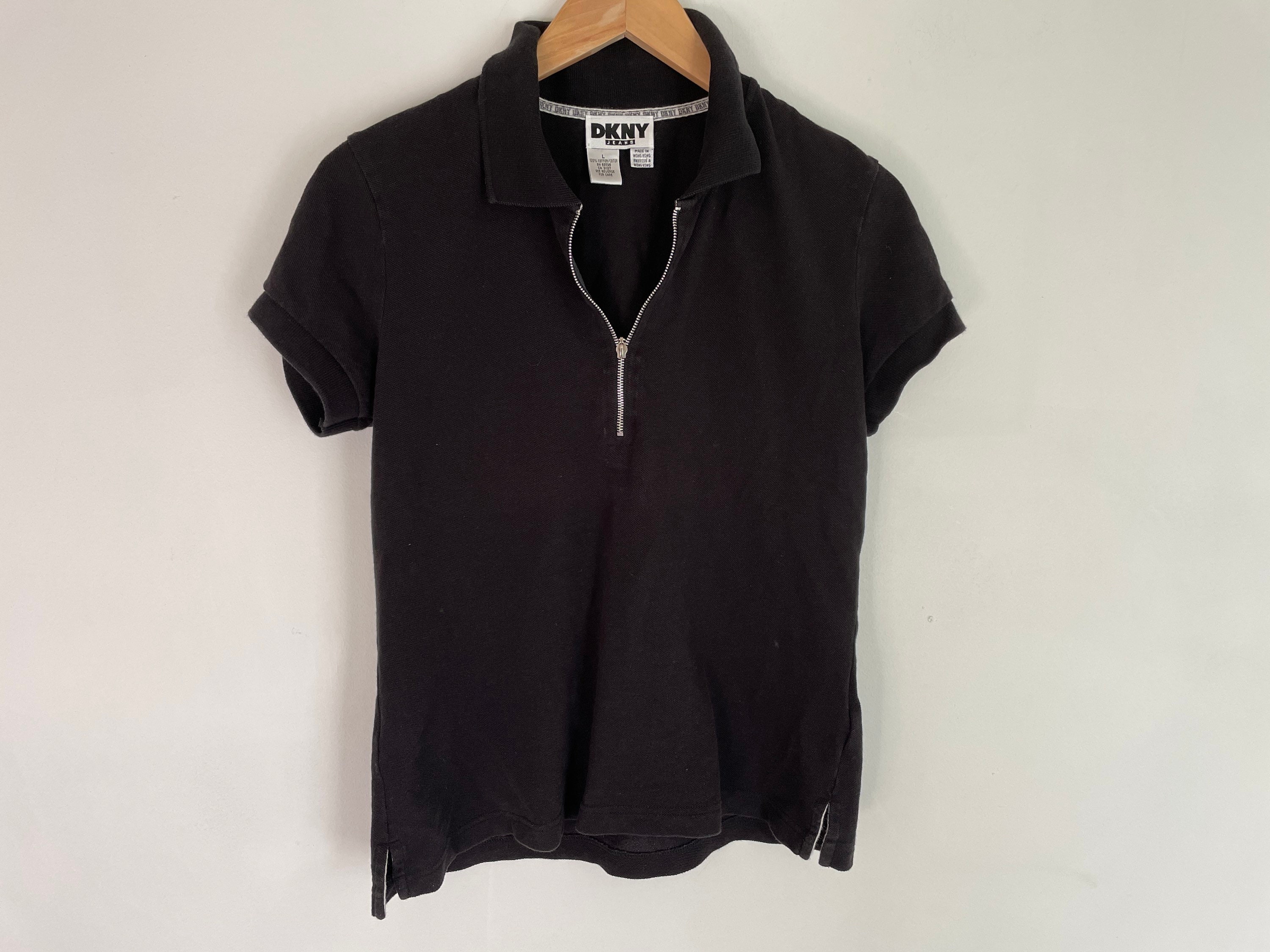 Vintage DKNY Black Zip up Polo Short Sleeve Jersey T Shirt Knit