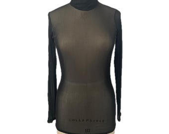 Vintage long sleeve black turtleneck sheer mesh top shirt blouse see thru stretch knit iconic made in France 90s french ruched 1990s medium