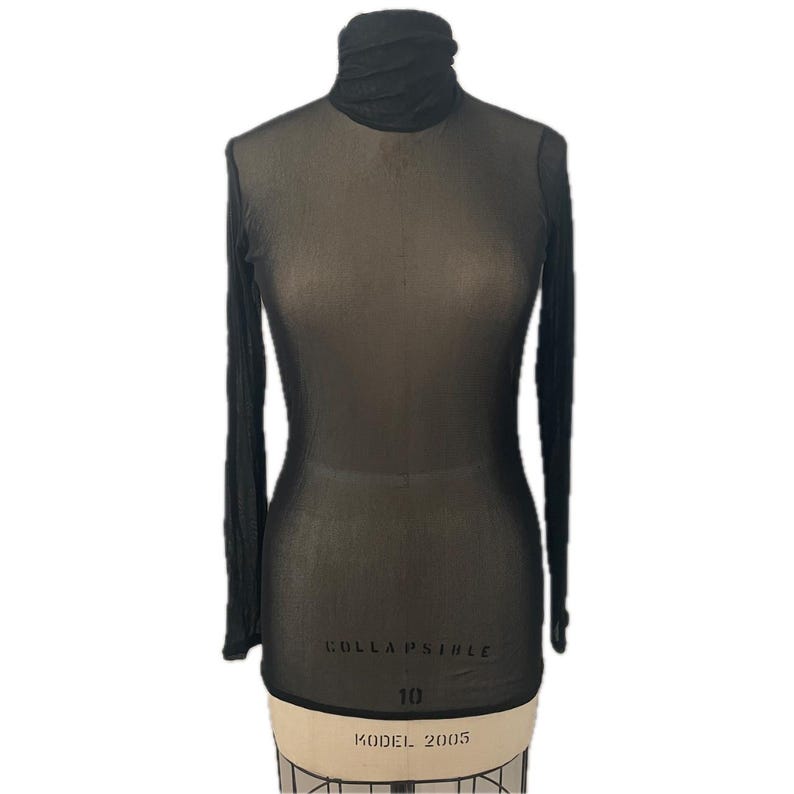 Vintage long sleeve black turtleneck sheer mesh top shirt blouse see thru stretch knit iconic made in France 90s french ruched 1990s medium image 1