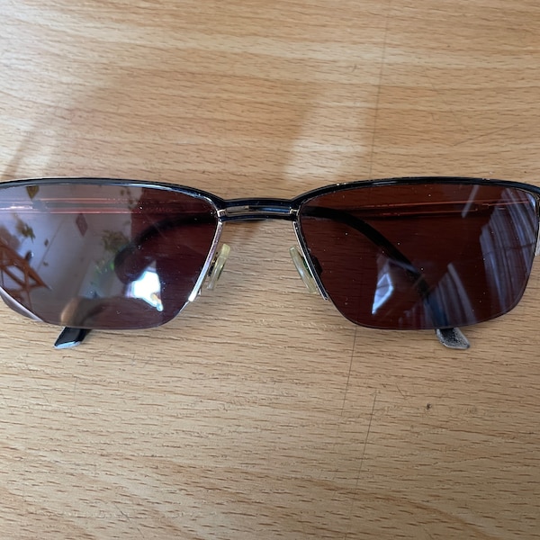 Vintage Cazal dark gray tinted sunglasses black wire rim metal rimmed rectangle square brown lenses no prescription iconic designer 90s grey