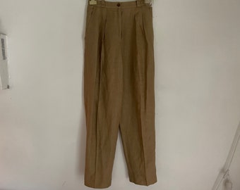 Vintage 90s Liz Claiborne ultra high rise tan pants 100% linen taupe slacks beige trousers pleated front classic fit tapered leg 27 28 vtg