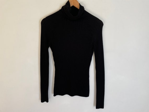 Vintage black ribbed turtleneck rayon long raglan… - image 1