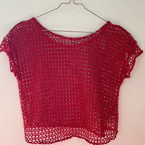 Vintage 80s Knit Link red mesh fishnet slouchy crop top cotton short sleeve shirt authentic 1980s ringer tee see through made in USA medium