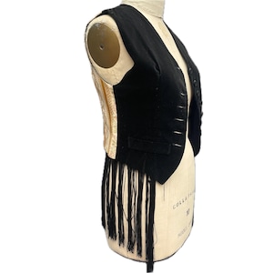 Vintage 90s does 70s Express black cotton velvet vest long fringe suiting contrast Woodstock era folk 1990s made in usa medium 1970s medium