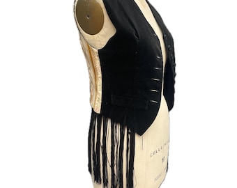 Vintage 90s does 70s Express black cotton velvet vest long fringe suiting contrast Woodstock era folk 1990s made in usa medium 1970s medium