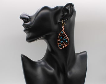 Copper Hoop Earrings, Copper Dangle Earrings, Blue Copper Earrings, Copper Wire Earrings, Copper Wire Wrap Earrings, Wire Jewelry