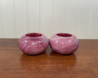 Crate & Barrel Pink Marble Votive Candle Holders Set of 2, Tealight Display 2"H Paperweight, Hand Carved Stone, Mid Century Modern Decor