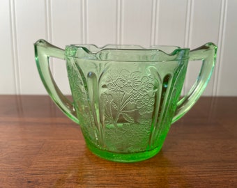 Jeannette Green Glass Cherry Blossom Sugar Bowl, 3.25"H Textured Etched Flower, Vintage Uranium Depression Glass, Cottage Chic Table Setting