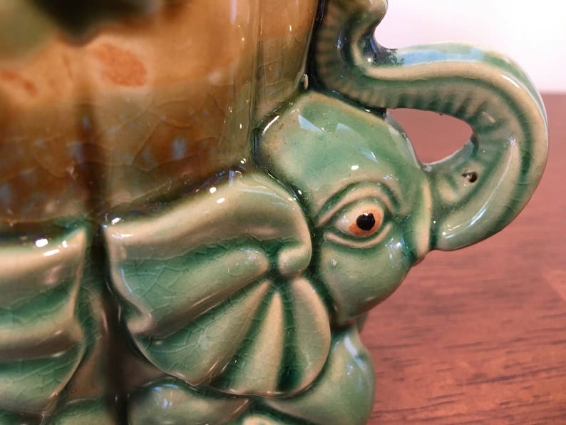 Vintage Majolica Bamboo Ceramic Planter Green Brown Elephants Etsy