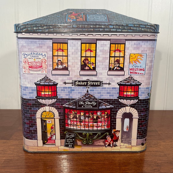 Large Baker Street English Bakery Tin by Silver Crane Company 8.5" Sherlock Holmes and Watson, Chelsea Bun & Cake Shop, Made in England 1991