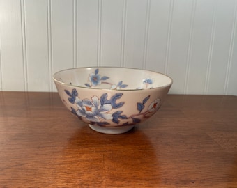 Blue White Peach Floral Bowl, 6"W Chinese Porcelain Dish, Decorative Oriental Ceramic with Orange Flower Design, Asian Chinoiserie Decor