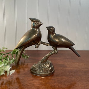 Solid Brass Lovebirds Statue by Leonard, 6.25"H Textured Bronze Cardinal and Mate, Gold-tone Metal Birds on Branch, Mid Century Modern Decor