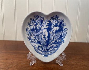 Spode England Special Friend Trinket Dish, 4" Blue White Angel Porcelain, Heart Shape Holder for Jewelry Ring, English China Mementos