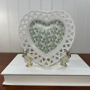 Heart Shaped Green Floral Chintz Dish, 6" Vintage White Cutout Holder, Reticulated Ceramic Plate