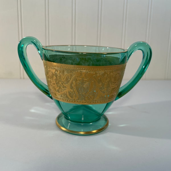 Bohemian Emerald Green Glass Sugar Bowl, Embossed Gold Trim, 3.5"H Textured Art Deco Border, Vintage Cottage Chic Table Setting